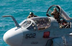 120212-N-VO377-089 ARABIAN GULF (Feb. 12, 2012) Sailors assigned to the Lancers of Electronic Attack Squadron (VAQ) 131 prepare an EA-6B Prowler for flight operations aboard the Nimitz-class aircraft carrier USS Abraham Lincoln (CVN 72). Abraham Lincoln is deployed to the U.S. 5th Fleet area of responsibility conducting maritime security operations, theater security cooperation efforts and support missions as part of Operation Enduring Freedom. (U.S. Navy photo by Mass Communication Specialist 2nd Class Jonathan P. Idle/Released)